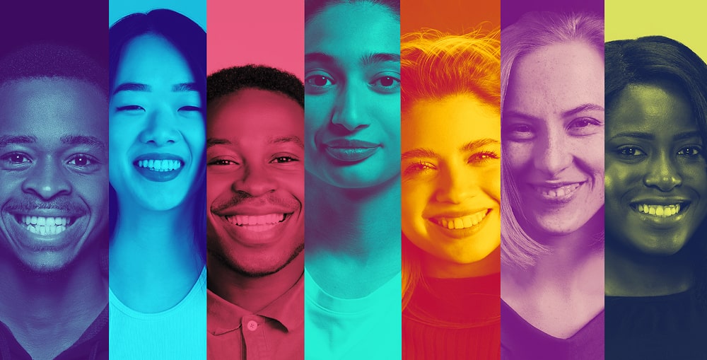Artistic lineup of diverse people with positive emotion in multicolor gradient portrait style. Concept of creativity, authenticity, connection and global unity.