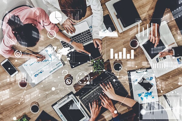 A marketing team collaborating on a campaign.