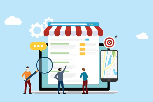 local seo market strategy business search engine optimisation with team people working together on front of store and maps online - an illustration.